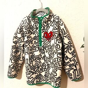 H&M x Keith Haring borg Fleece Hoodie with Red Heart and Green Trim